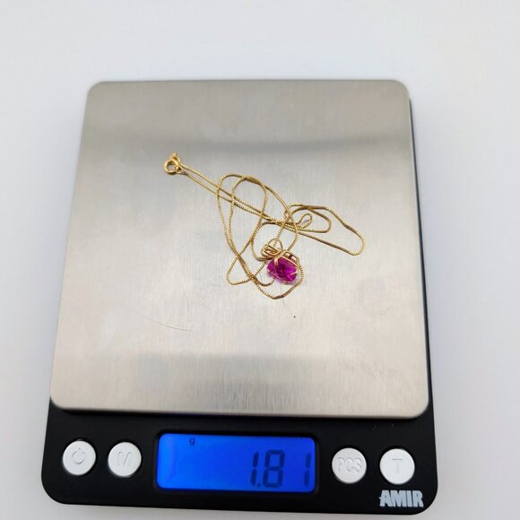 14K Gold Box Chain Necklace With Lab-Created Cushion-Cut Pink Sapphire Pendant - Picture 4 of 13
